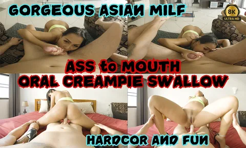 Gorgeous Asian MILF Ass To Mouth Oral Creampie Swallow