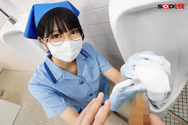 A female janitor stares at her crotch in the men's restroom. She got an erection and was in a hurry because she couldn't close her zipper, so she turned into a lascivious woman and made me cum. gallery